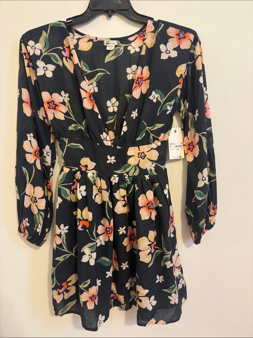 Billabong Black Mini Dress with Peach & Green Floral Print